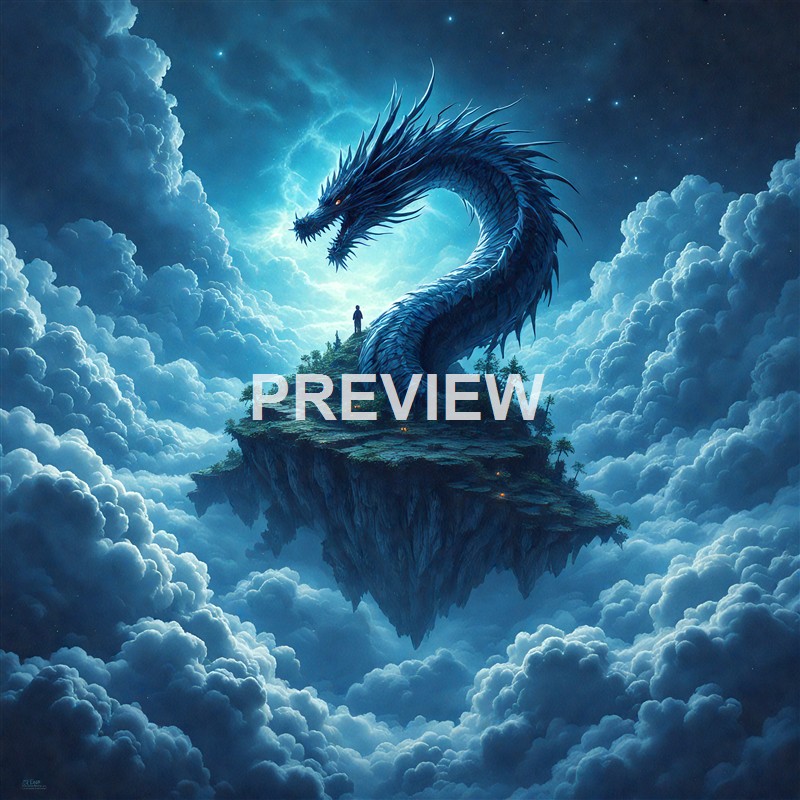 A fantastical scene featuring a massive, serpentine blue dragon coiled around a floating, rocky island with a person standing nearby, set against a dramatic sky filled with clouds and lightning.